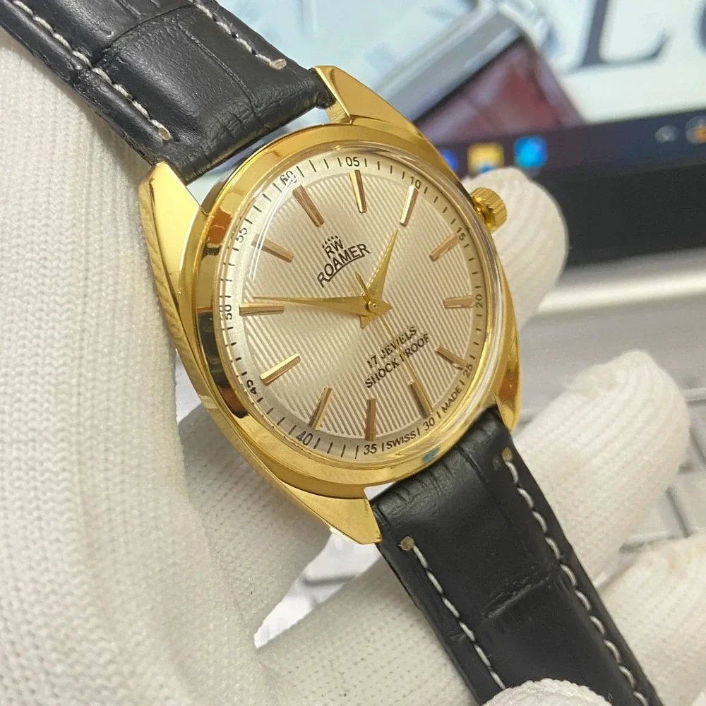 Vintage 1978 Roamer Manual Mens Gold Watch W/Leather Strap & Silver accents